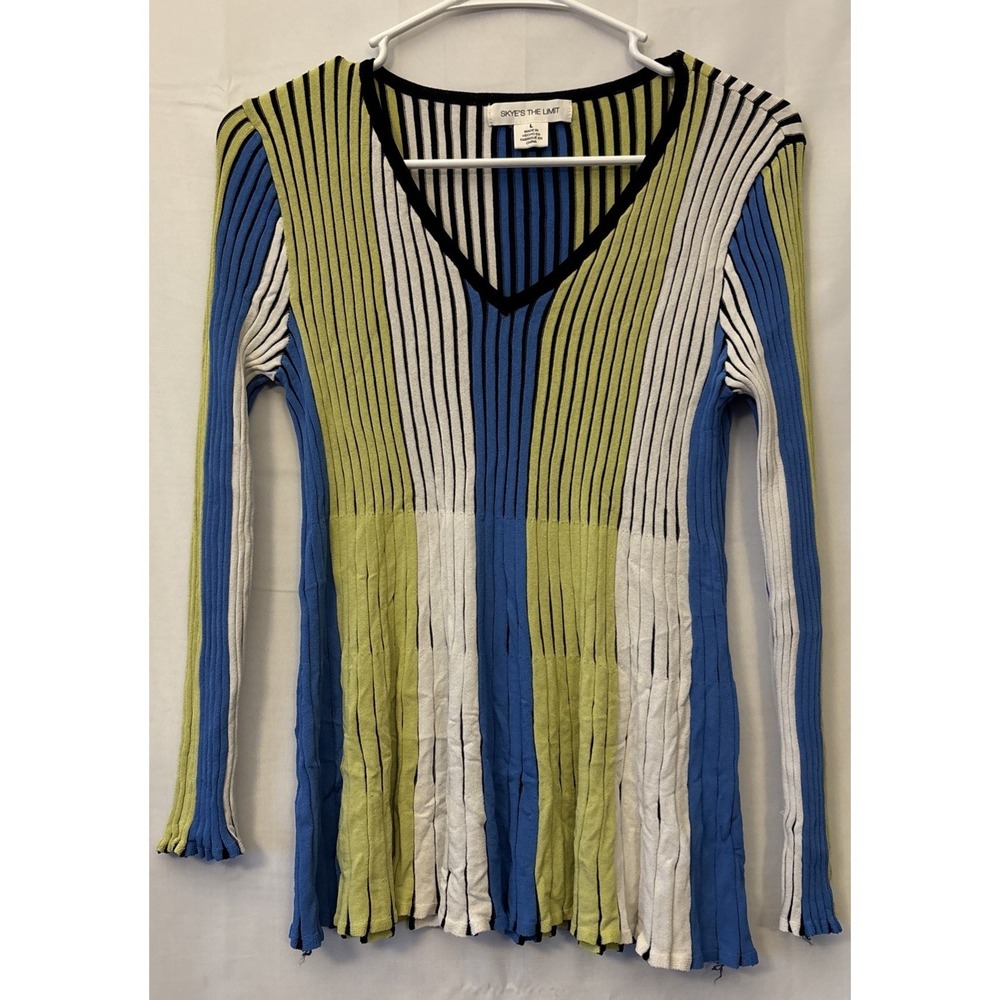 Skye's The Limit Multicolored Vertical Ribbed Stretch Top Blouse Long Sleeve ‎ L